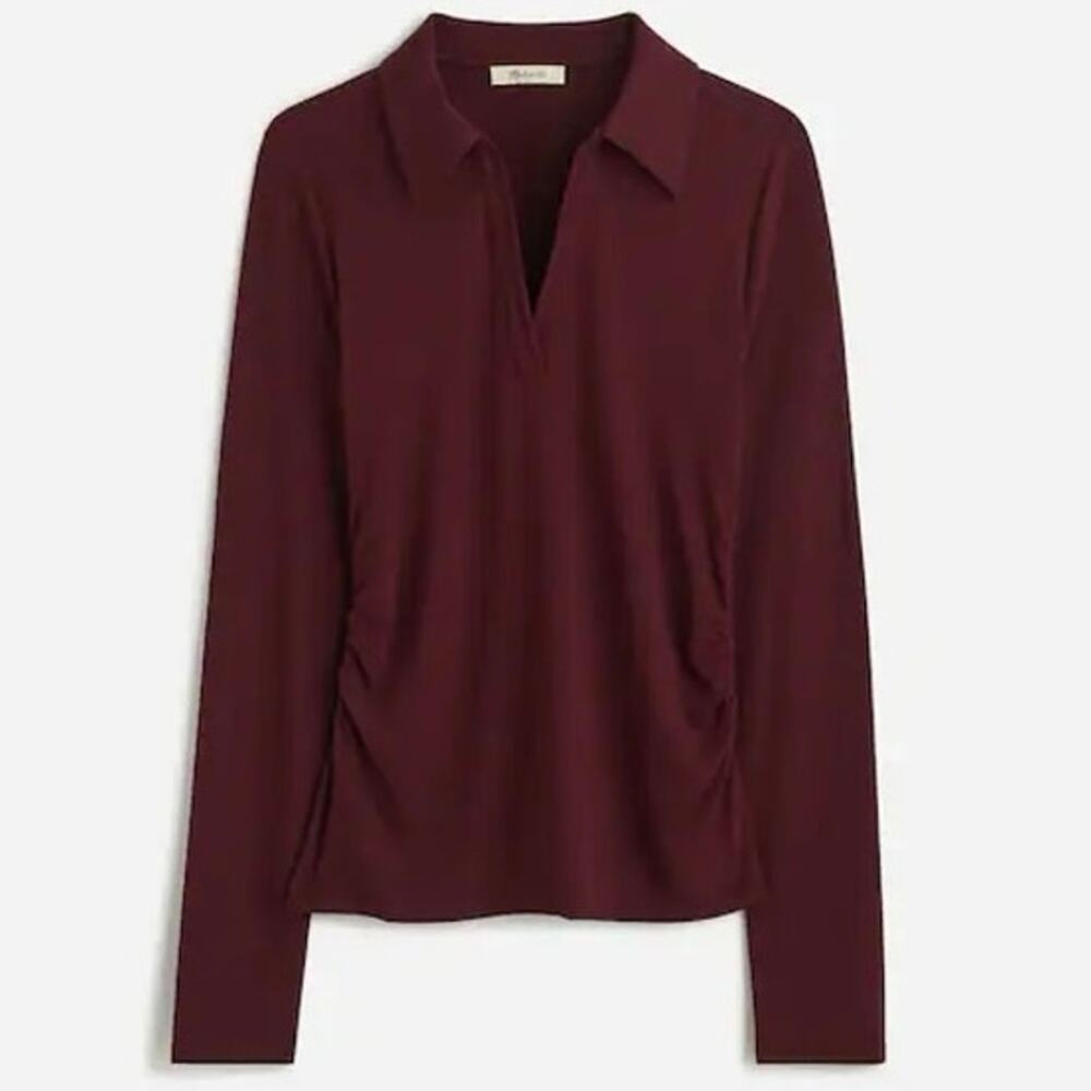 $58 Madewell Side-Cinch Long-Sleeve Polo Top - small - Burgundy - Picture 2 of 11